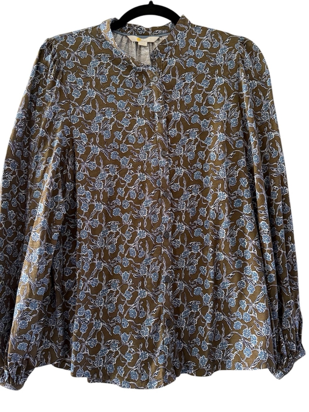 Boden Brown Floral Print Long-Sleeve Blouse with Blue Flowers